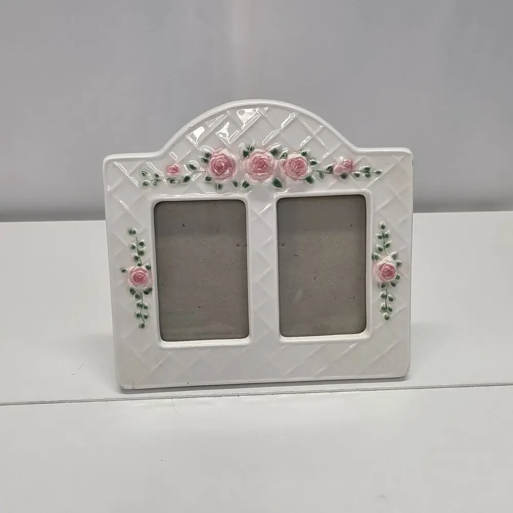 Fitz and Floyd Blushing Rose White Ceramic Double Photo Frame Cottagecore Shabby